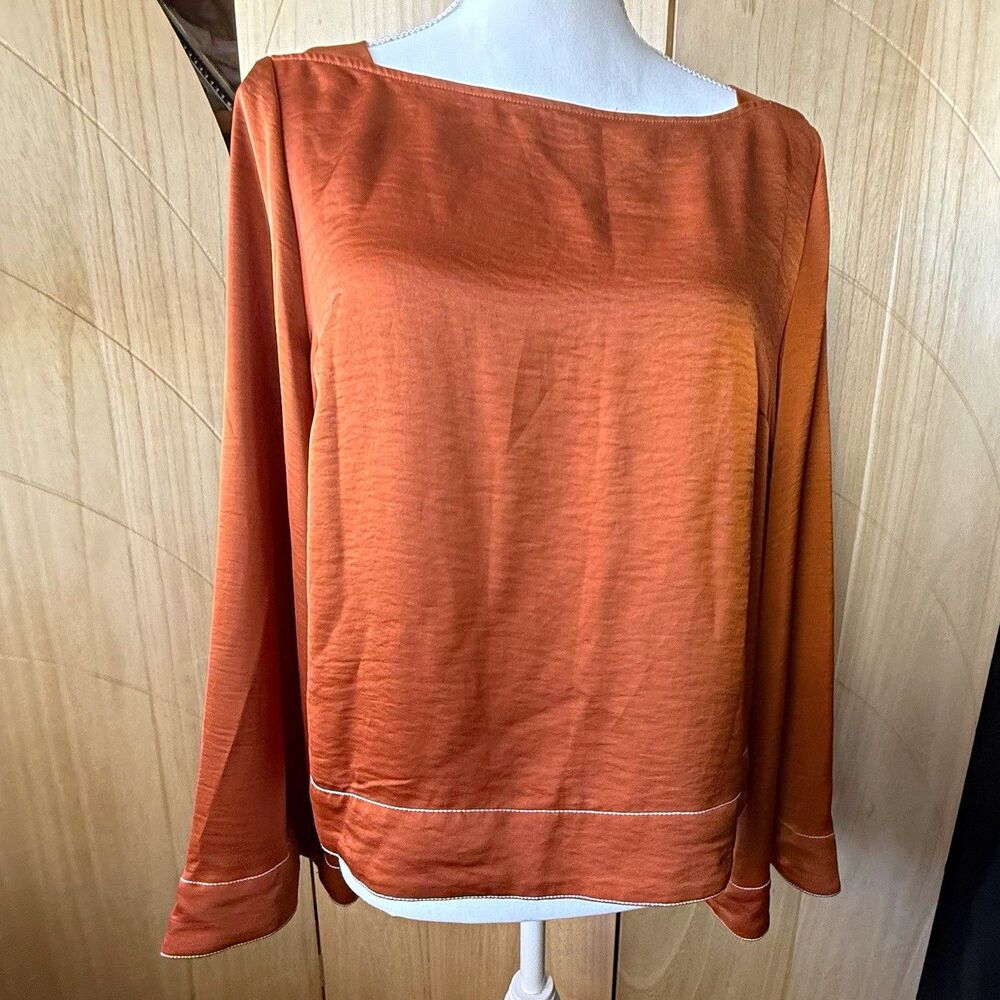 Prologue Rust Brown Satin Blouse Boat Neck Minimalist Office Siren Top M